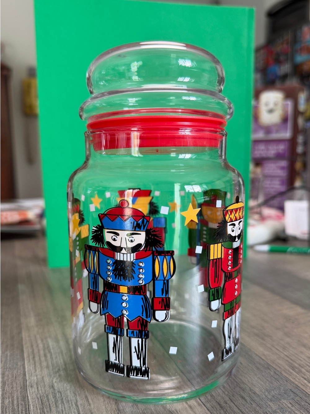 Festive Vintage Nutcracker Glass Cookie Jar - Red Accent